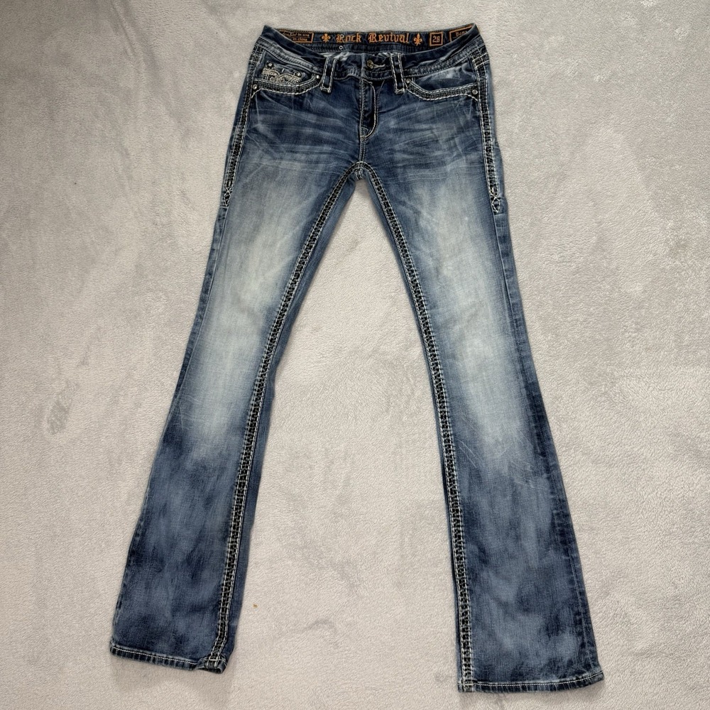 Rock Revival Womens Jeans Size 28 Bootcut Low Rise Fleur De Lis Y2K Distressed